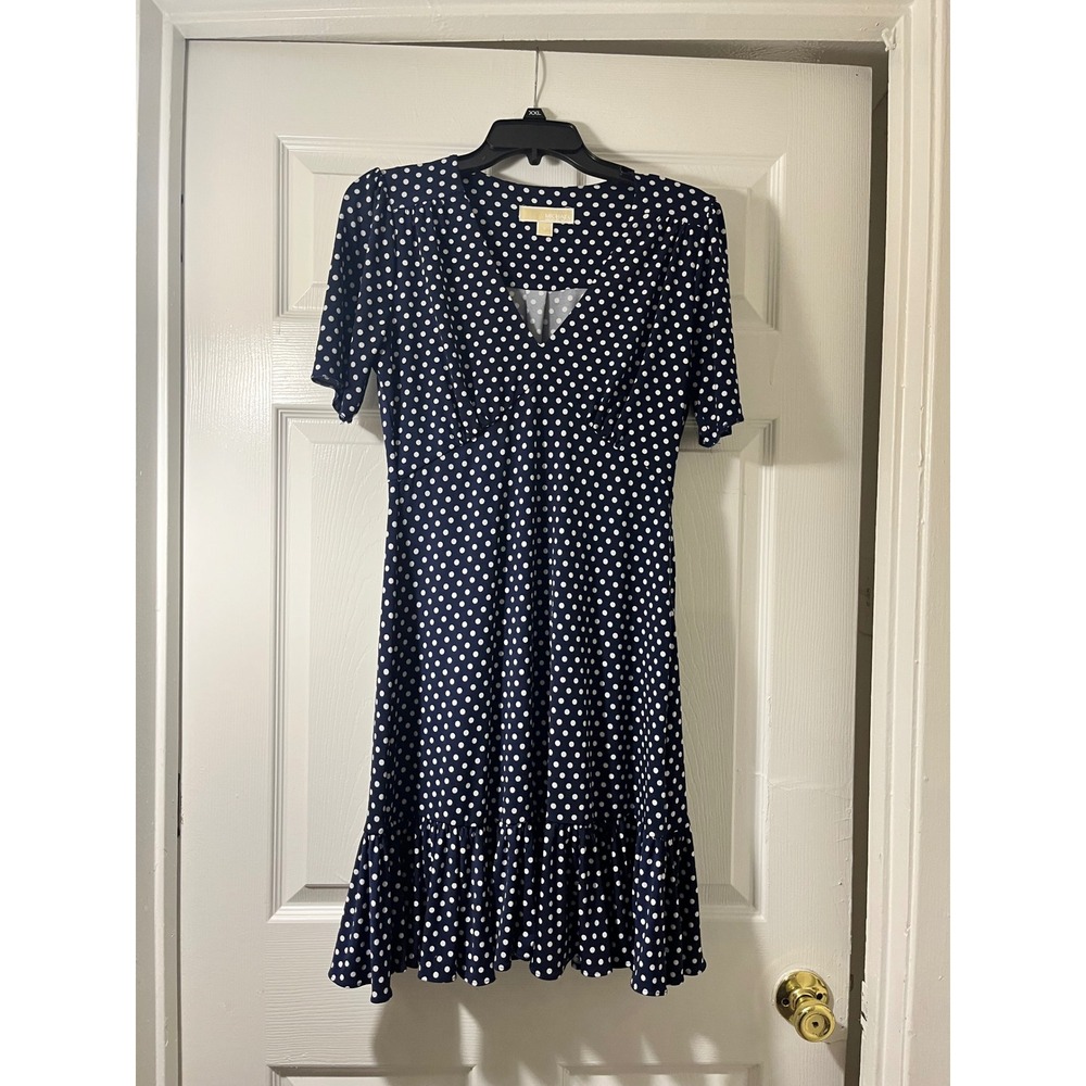 Michael Michael Kors Navy Blue White Polka Dot Ruffle Hem Dress Small JS98XUX5KC